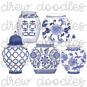 Watercolor Chinoiserie Ginger Jars Digital Clip Art Set Instant Download image 1