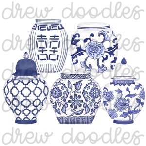 Aquarel chinoiserie gemberpotten - digitale illustratiesset - direct downloaden