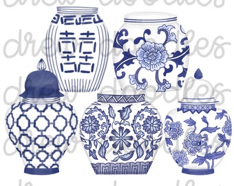 Watercolor Chinoiserie Ginger Jars- Digital Clip Art Set- Instant Download