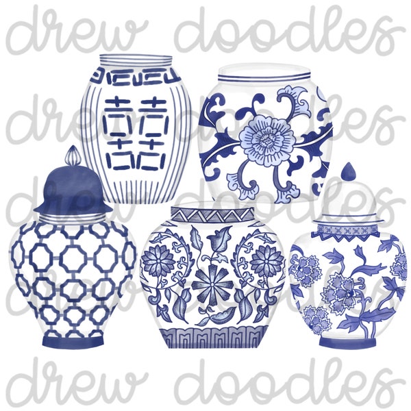 Watercolor Chinoiserie Ginger Jars- Digital Clip Art Set- Instant Download