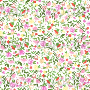 Op de afbeelding: Een naadloos patroon met verschillende kleurrijke bloemen en bladeren op een witte achtergrond. De bloemen omvatten roze, rode, gele en oranje rozen, evenals kleine witte en roze bloemen. De bladeren zijn groen en hebben een eenvoudige, handgetekende stijl.