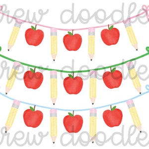Banner de aquarela com maçã e lápis para conjunto de clip art digital de monograma - download instantâneo