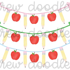 Watercolor Apple and Pencil Banner for Monogram Digital Clip Art Set- Instant Download