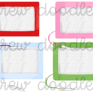 Puede incluir: Cuatro pizarrones de colores vivos con superficies de dibujo blancas y estiletes plateados. Los pizarrones son rojo, rosa, azul y verde.