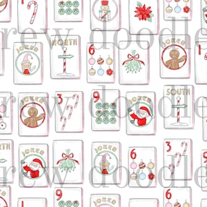 Könnte beinhalten: Ein sich wiederholendes Muster von Spielkarten zum Thema Weihnachten. Jede Karte zeigt festliche Illustrationen wie Weihnachtsmann, Lebkuchenmänner, Zuckerstangen, Ornamente und Mistelzweige. Die Karten zeigen auch Zahlen und Richtungsschilder.