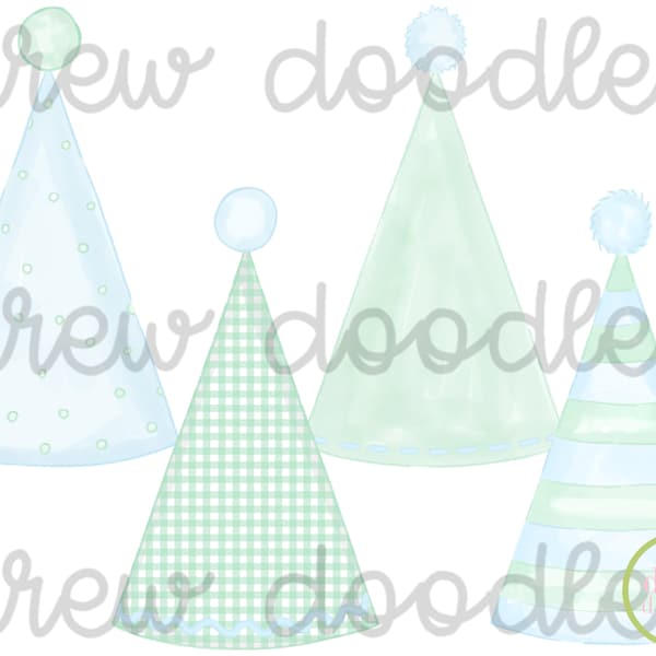 Watercolor Blue and Mint Green Birthday Hats Digital Clip Art Set- Instant Download