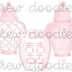 Watercolor Light Pink Chinoiserie Ginger Jars- Digital Clip Art Set- Instant Download