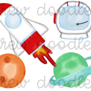 Set di clipart digitali con acquerelli di spazio, razzo, astronauta e pianeti - Download immediato