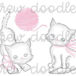 Watercolor Vintage Kitten with Bow Digital Clip Art Set- Instant Download