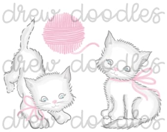 Watercolor Vintage Kitten with Bow Digital Clip Art Set- Instant Download