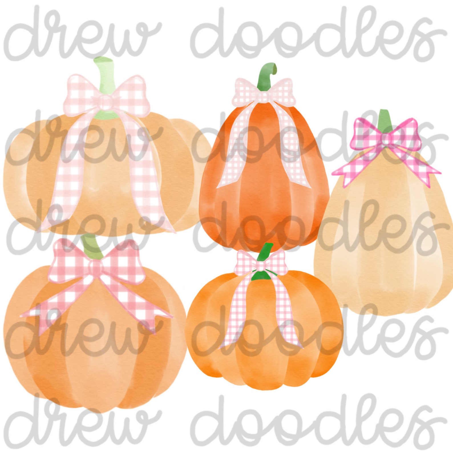 Watercolor Pink Gingham Bow Pumpkins Digital Clip Art Set- Instant ...