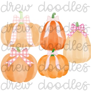 May include: Four watercolor pumpkins with pink and white gingham bows. The pumpkins are in various shades of orange and peach.