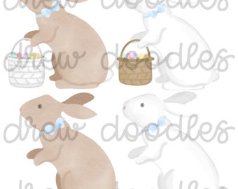 Watercolor Easter Bunnies with Blue Bow Digital Clip Art Set- Instant Download