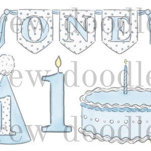 Aquarell blau Bitty Dot ersten Geburtstag Clip Art Set - Instant Download
