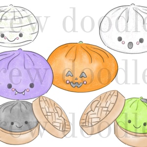 Peut inclure: Une illustration numérique présentant six boulettes de pâte stylisées, rondes et semblables à des dessins animés avec des visages. La collection comprend une momie blanche, une boulette blanche, un vampire violet et une citrouille orange.