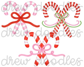 Watercolor Red and Pink Bow Criss Cross Candy Canes Digital Clip Art Set- Instant Download