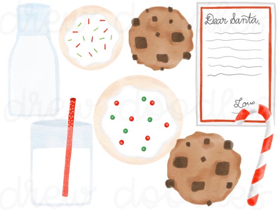 Watercolor Christmas Cookies and Milk for Santa Digital Clip Art Set Instant Download