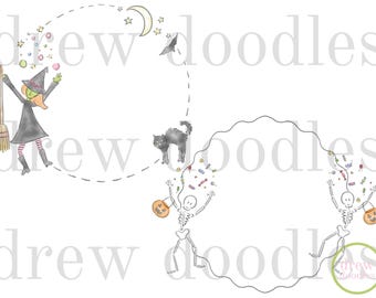 May include: Watercolor illustration with a Halloween theme. A witch with a broom, a black cat, and two skeletons with jack-o'-lanterns are depicted. The image includes a crescent moon, stars, and a bat, with the text "drew doodles".