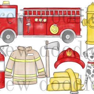 Aquarelle pompiers caserne de pompiers camion de pompier numérique Clip Art Set - téléchargement immédiat