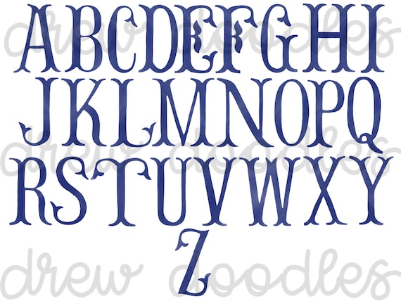 Blue Outline FishtailMonogram Alphabet Digital Clip Art Set Instant Download