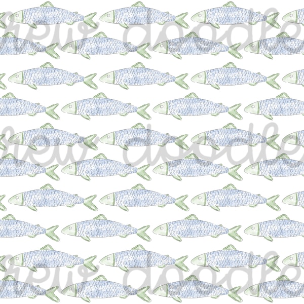 Watercolor Blue Fish Print Pattern Digital Papers Backgrounds 4x4 and 5x7- Instant Download