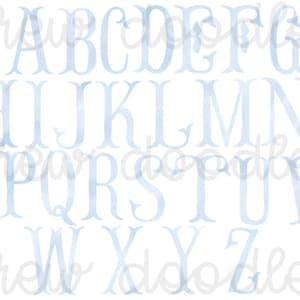 May include: A light blue watercolor alphabet with a decorative, whimsical font. Each letter is outlined in a darker blue and has a subtle watercolor texture.