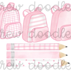 Conjunto de clipart digital com bolsa e lápis xadrez rosa aquarela - download instantâneo