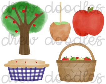 Conjunto de imágenes prediseñadas digitales de huerto de manzanas en acuarela: descarga instantánea