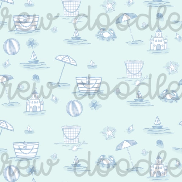 Watercolor Blue and Green Beach Coastal Toile Print Digital Papers Backgrounds 4x6 an 5x7- Instant Download