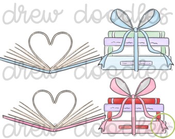 May include: Two stacks of books tied with a ribbon. The top stack has a blue ribbon and the bottom stack has a pink ribbon. Each stack has a heart shape formed by the open pages of a book.