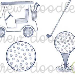 Conjunto de clipart digital de golfe e carrinho de golfe em aquarela da Marinha - Download instantâneo