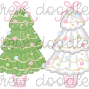 Watercolor White and Green Christmas Trees Pink Vases- Digital Clip Art Set- Instant Download