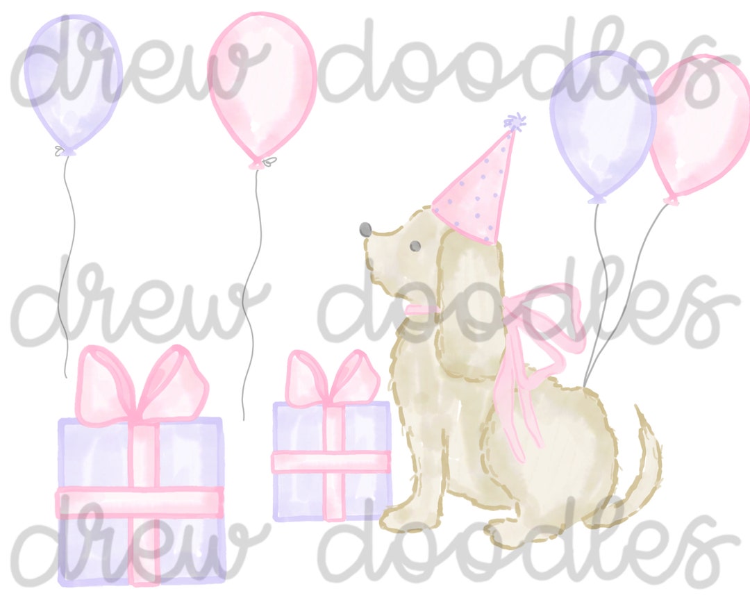 Watercolor Pink and Purple Birthday Party Pups Digital Clip Art Set