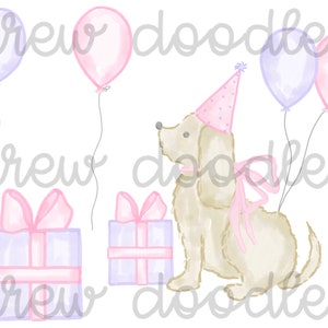 Aquarelle rose et violet fête d'anniversaire chiots ensemble de clipart numérique - téléchargement immédiat