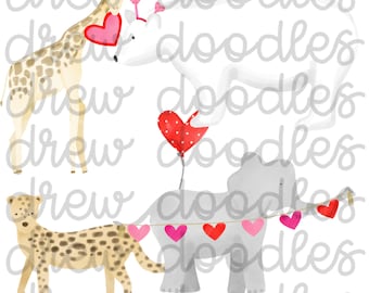 Watercolor Valentine's Day Zoo Animals- Instant Download