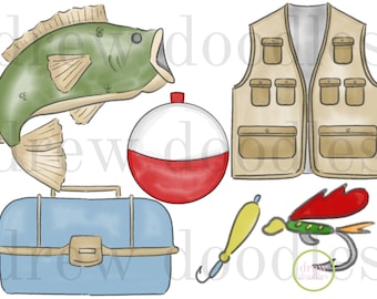 May include: A set of fishing themed illustrations including a green and brown fish, a red and white bobber, a tan fishing vest with pockets, a blue tackle box, a yellow fishing lure, and a red and green fishing lure.