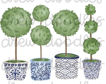 Watercolor Chinoiserie Boxwood Topiaries- Digital Clip Art Set- Instant Download