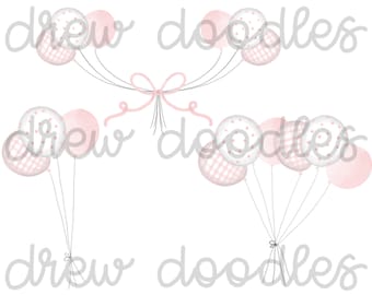 Watercolor Girl Pink Birthday Balloon Gingham Bitty Dot Digital Clip Art Set- Instant Download