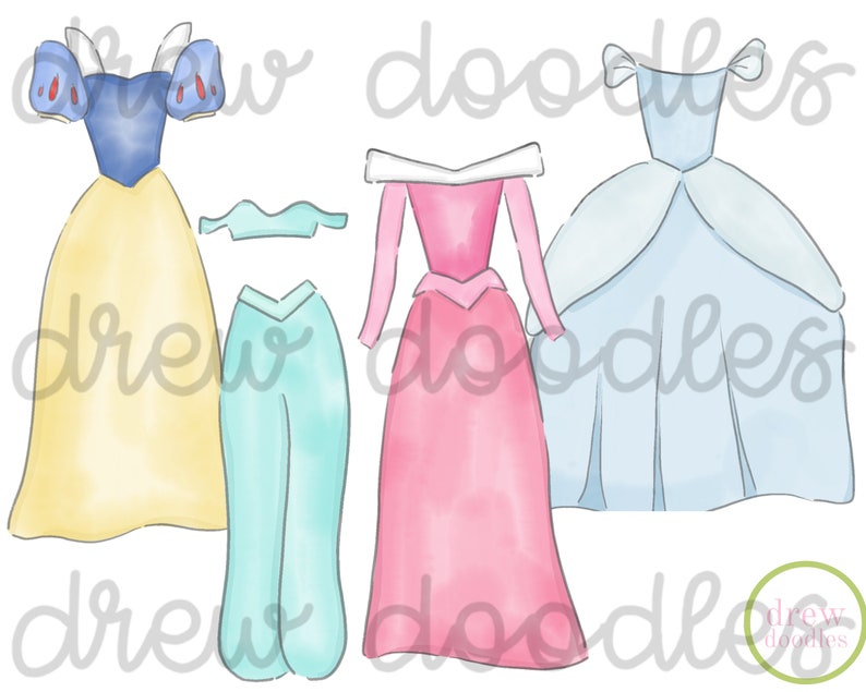 Watercolor Dresses with Outline Digital Clip Art Set Instant Download image 2