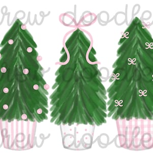 Watercolor Pink Bitty Dot Gingham Christmas Trees- Digital Clip Art Set- Instant Download