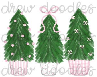 Watercolor Pink Bitty Dot Gingham Christmas Trees- Digital Clip Art Set- Instant Download