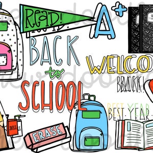 Back to School Doodles Digital Clip Art Set- Color and Black Line COMBO- Instant Download