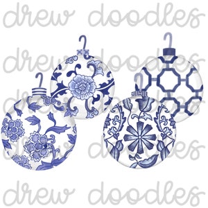 Adornos navideños estilo chinoiserie en acuarela - Imágenes prediseñadas digitales - Descarga instantánea