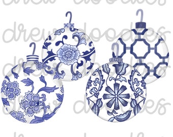 Watercolor Chinoiserie Christmas Ornaments- Digital Clip Art Set- Instant Download