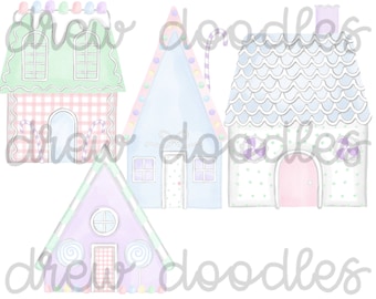 Watercolor Pastel Christmas Gingerbread Houses Digital Clip Art Set- Instant Download