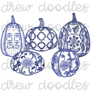 Aquarel chinoiserie-pompoenen - digitale illustratiesset - direct downloaden