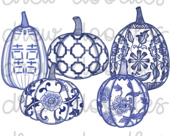 Zucche cinesi acquerellate - Set di clipart digitali - Download immediato