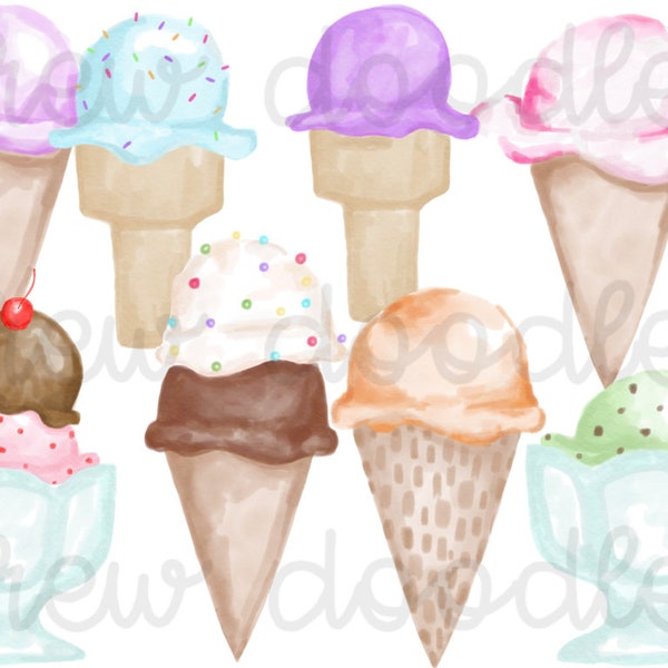 Watercolor Ice Cream Digital Clip Art Set- Instant Download