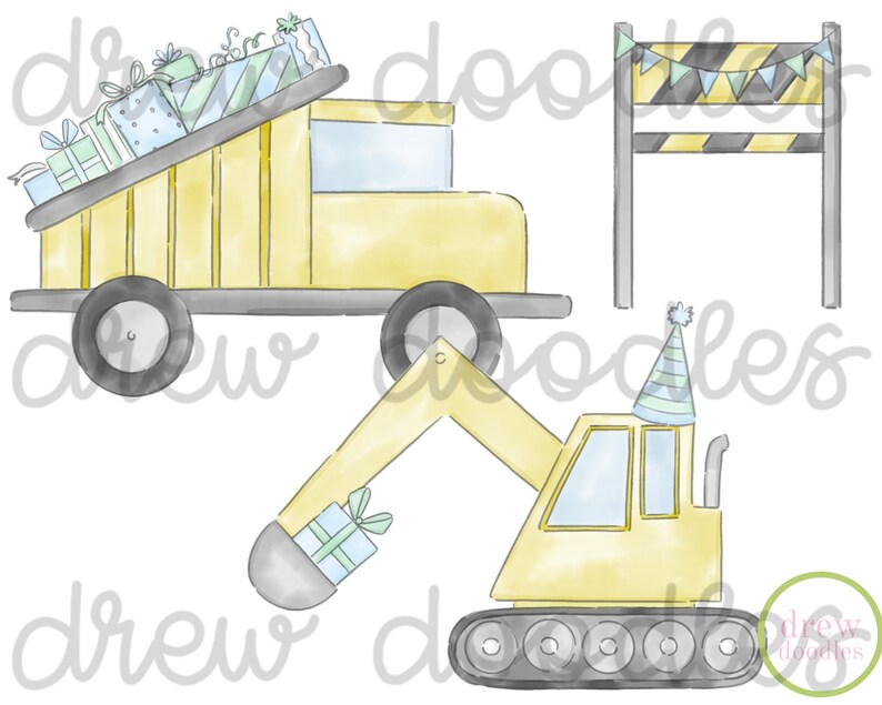 May include: A watercolor illustration of a yellow dump truck with a party hat, carrying presents. There is also a yellow excavator with a party hat and a yellow and black construction barrier with flags.