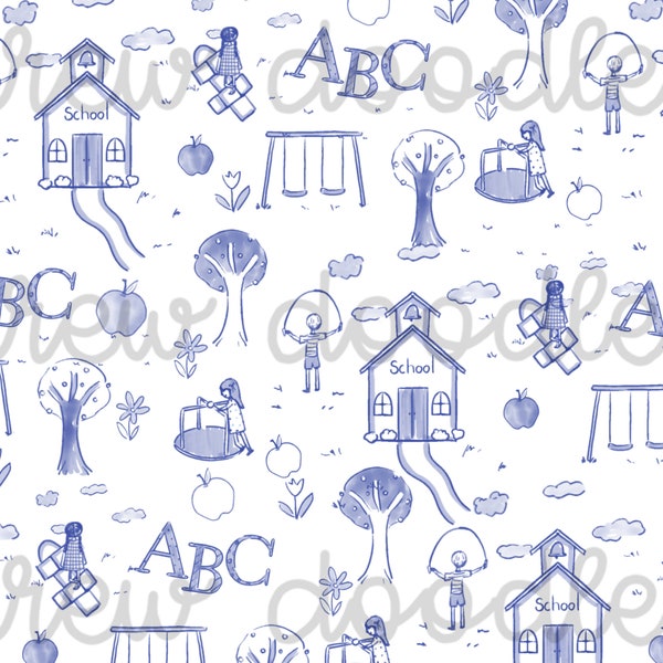 Watercolor Navy Blue School Toile Digital Papers Backgrounds 4x6 and 5x7- Instant Download